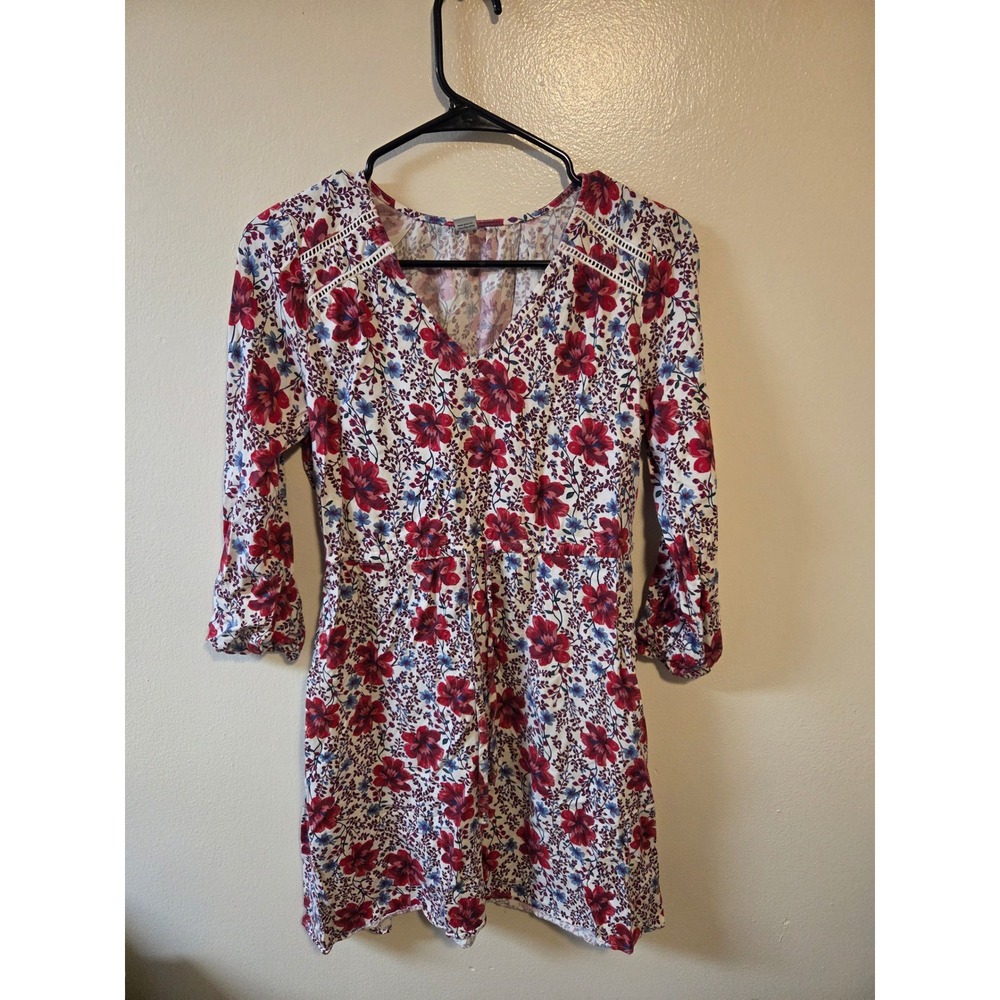 Old Navy Floral Fit and Flare Dress Red Blue V-Neck Crochet Trim XS